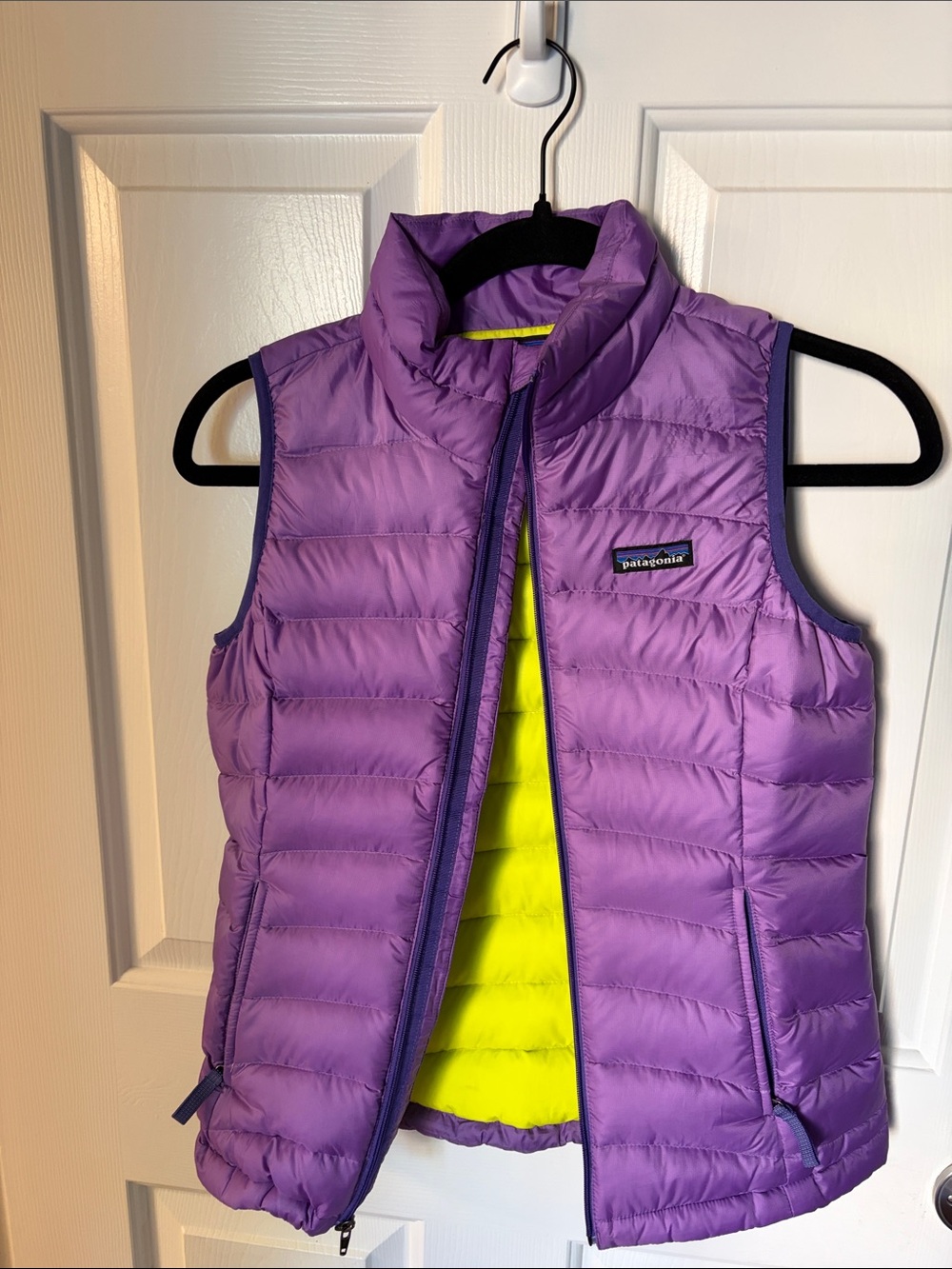 Patagonia Purple Kids Packable Down Vest with Yellow Lining